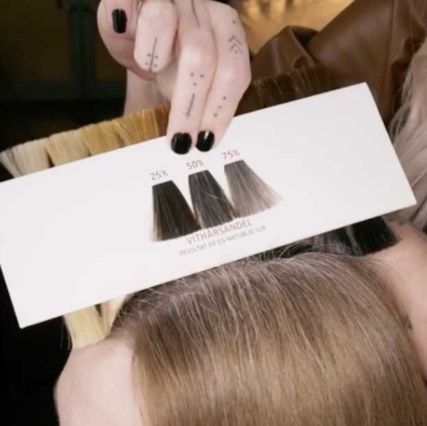 Wella Professionals colorist using the shade selector to determine the volume of gray hairs.